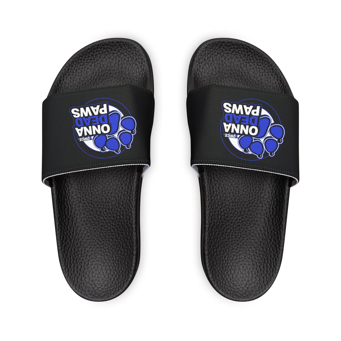 Classic All Black Dead Paws Strap Slides Blue Logo