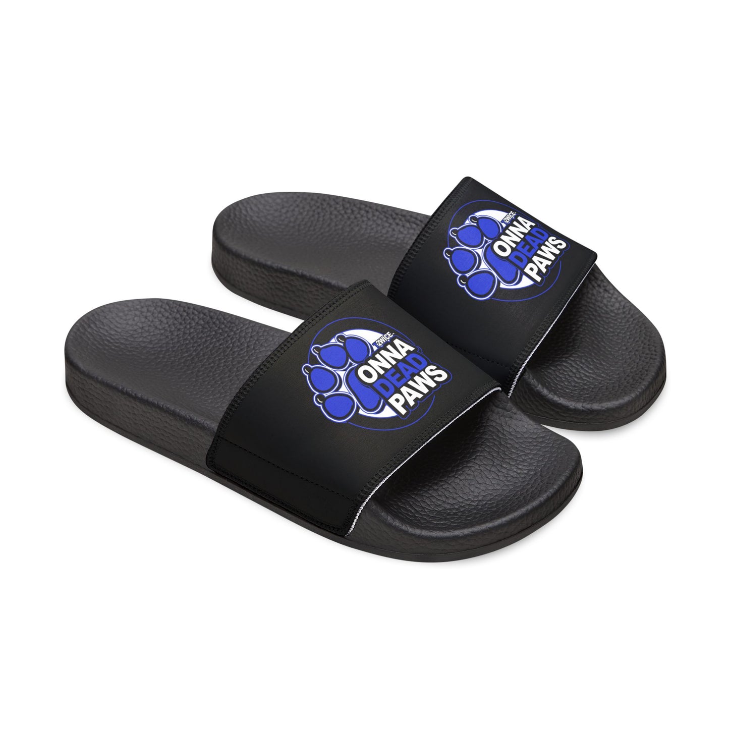 Classic All Black Dead Paws Strap Slides Blue Logo