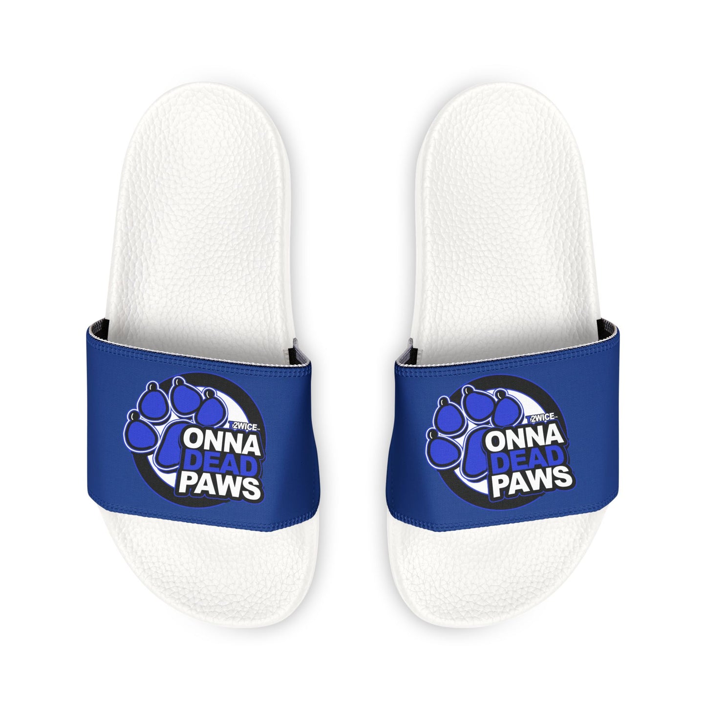 Classic White and Blue Dead Paws Blue logo Strap Slides