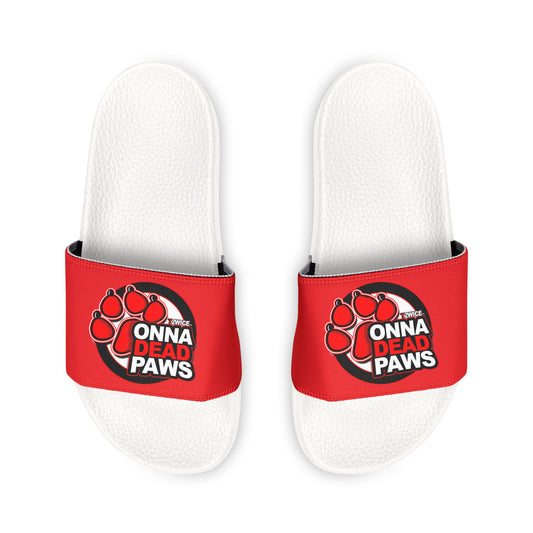 Classic White and Red Dead Paws Red logo Strap Slides