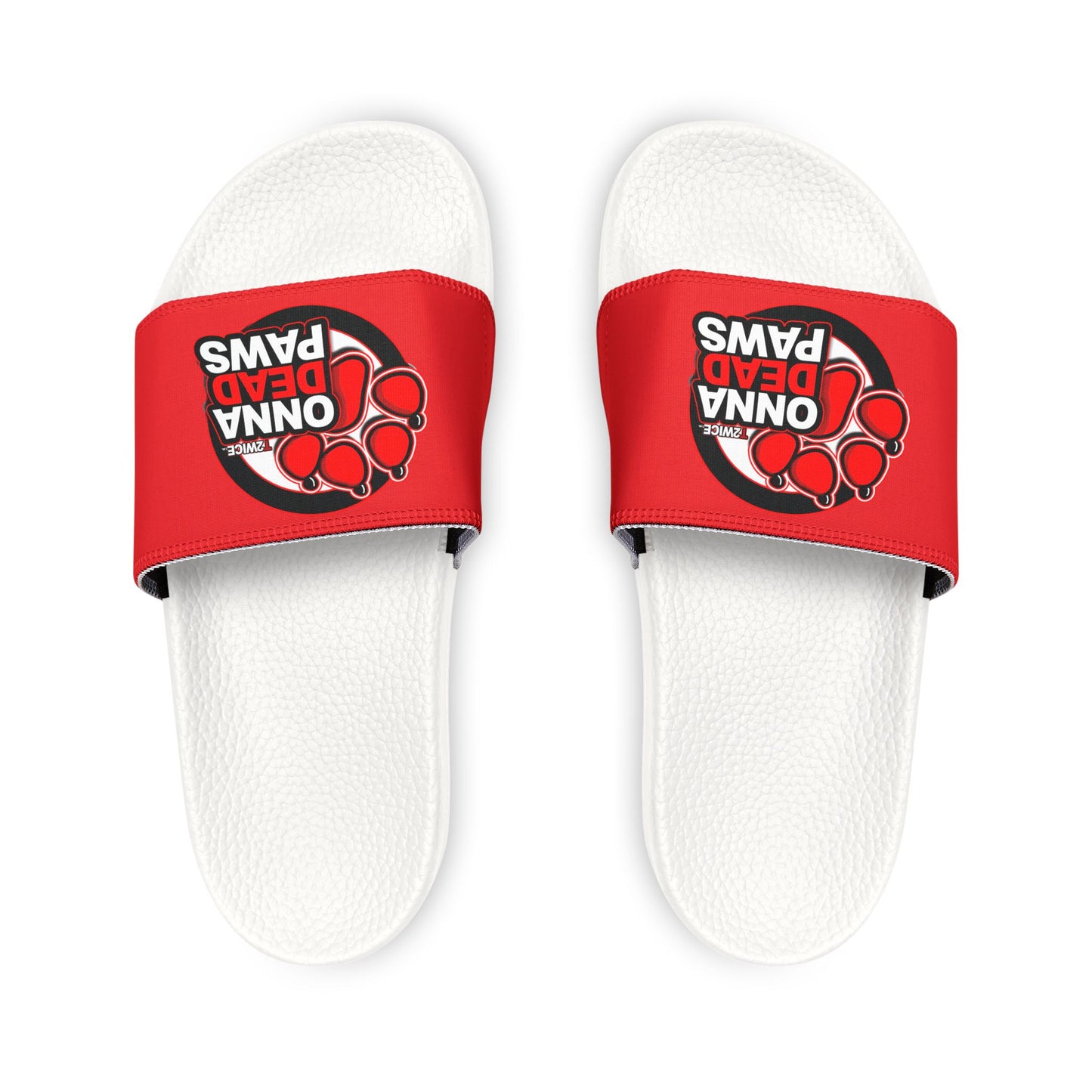 Classic White and Red Dead Paws Red logo Strap Slides