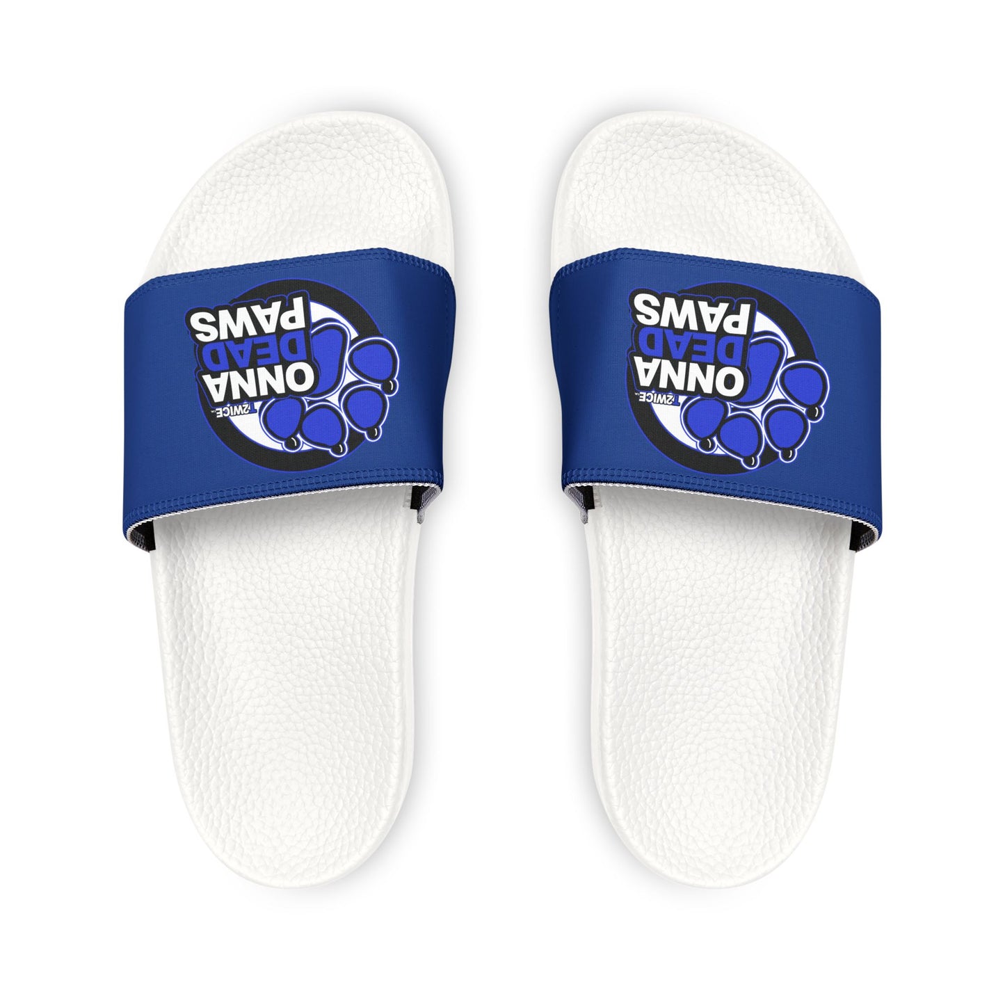 Classic White and Blue Dead Paws Blue logo Strap Slides