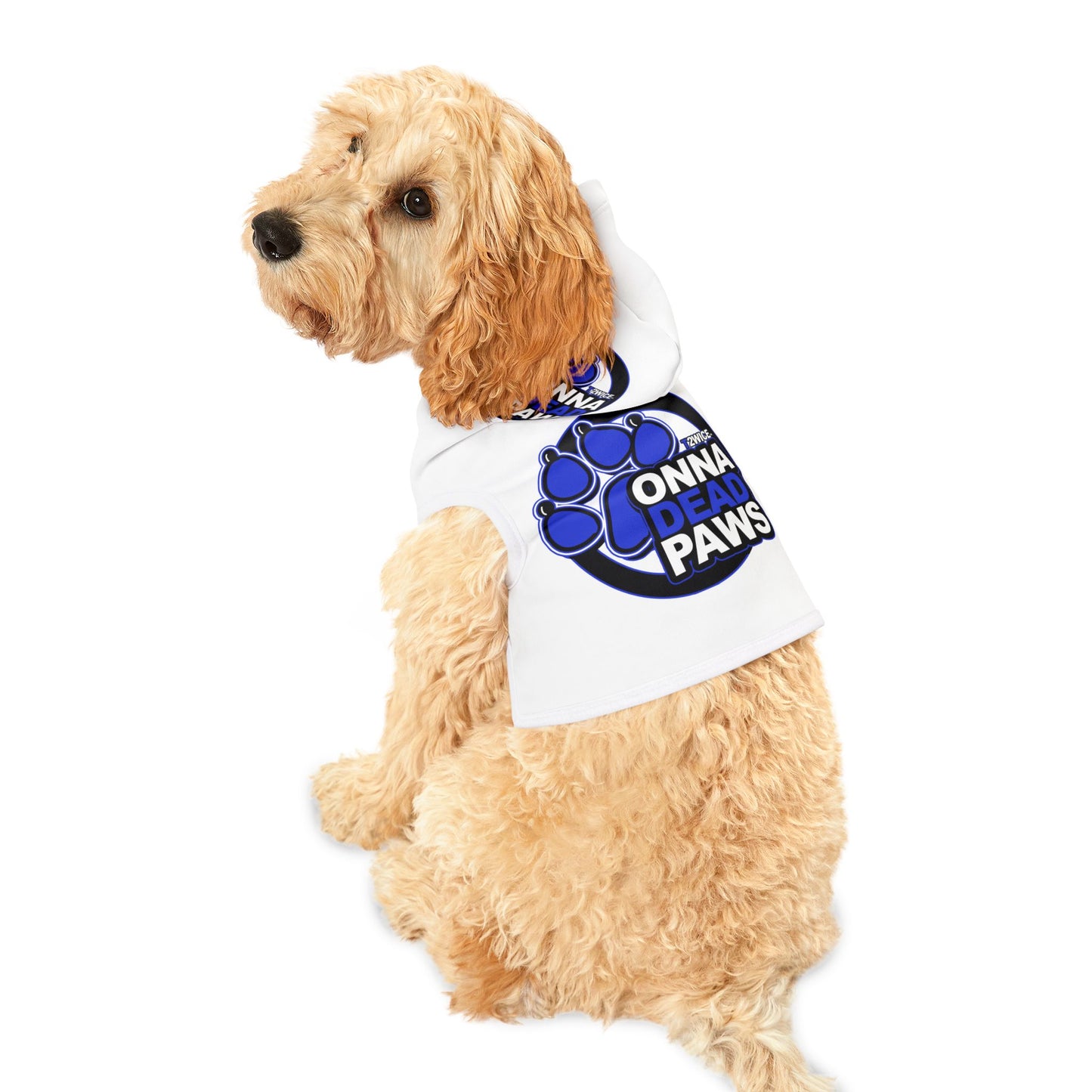Dead Paws Blue Logo Pet Hoodie in White